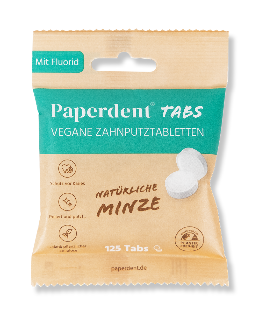 Vegane Zahnputz Tabletten in Verpackung aus Papier, nachhaltig und vegan