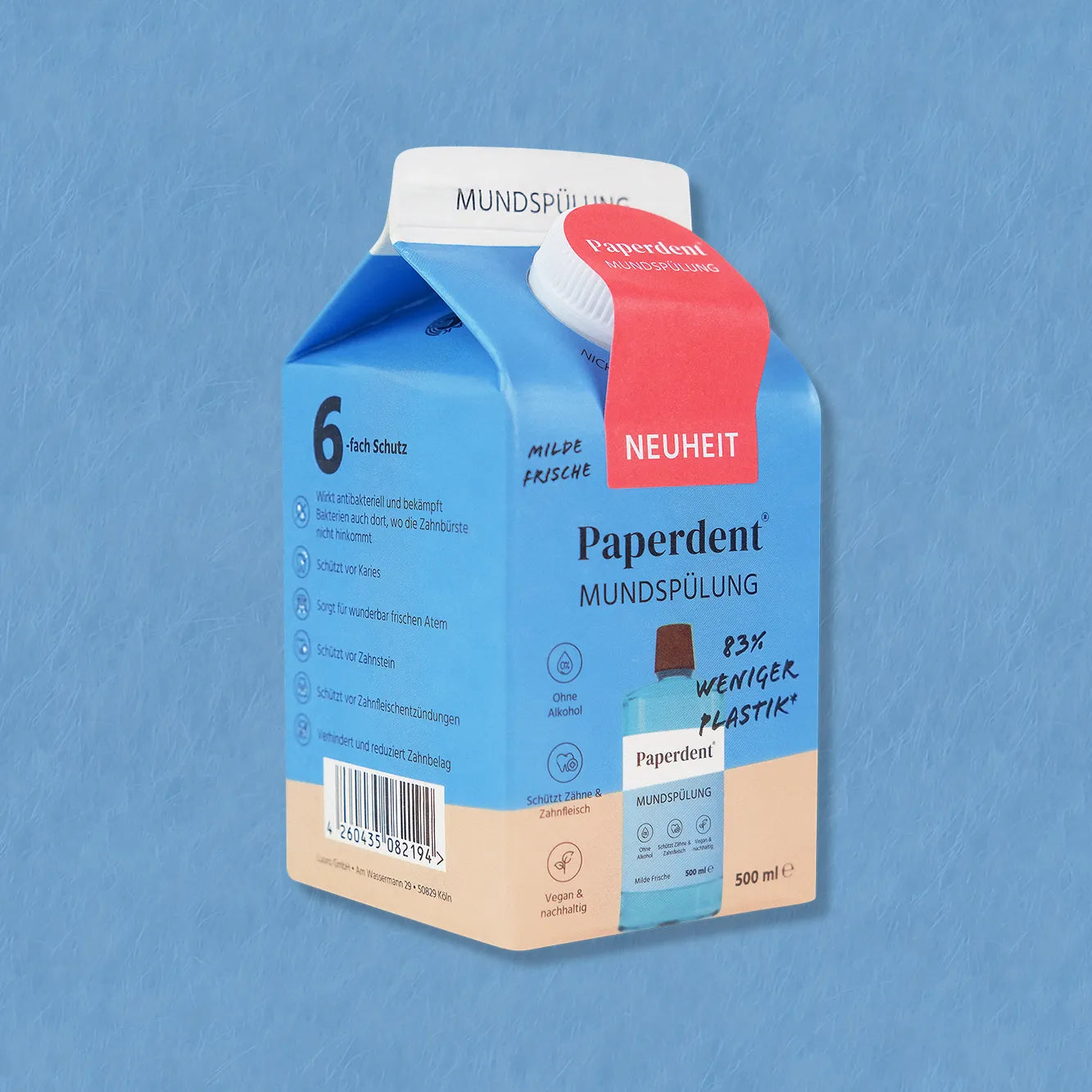 Paperdent Vegane Mundspülung blauer Hintergrund