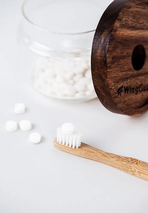 veganen Zahnputz Tablette auf einer nachhaltigen Zahnbürste aus Holz